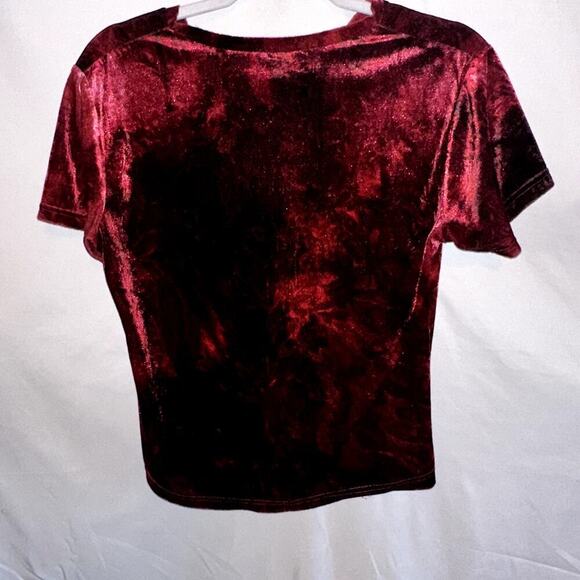 Vintage Y2K 90s Jordache Dark Red Maroon Velvet Fitted Top - Short Sleeve Shirt - Picture 3 of 6